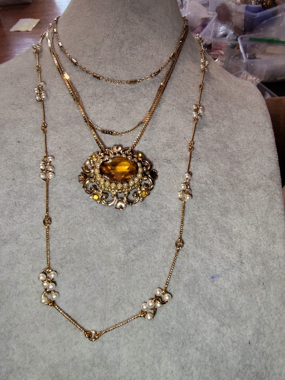 Coro Layering Necklace Kit - Amber Pendant, Avon Seed Pearl, Minimalist Chain